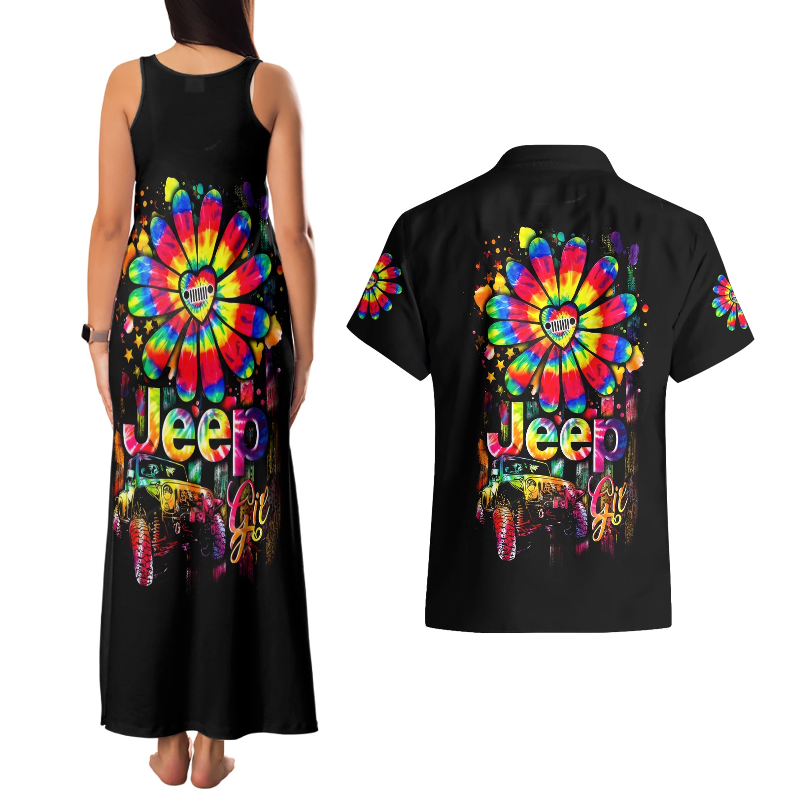 Hippie Jeep Couples Matching Tank Maxi Dress and Hawaiian Shirt Daisy Jeep Girl
