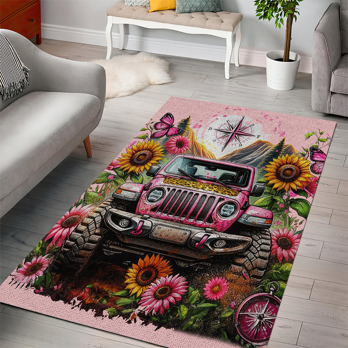 Flower Jeep Area Rug Not All Who Wander Are Lost