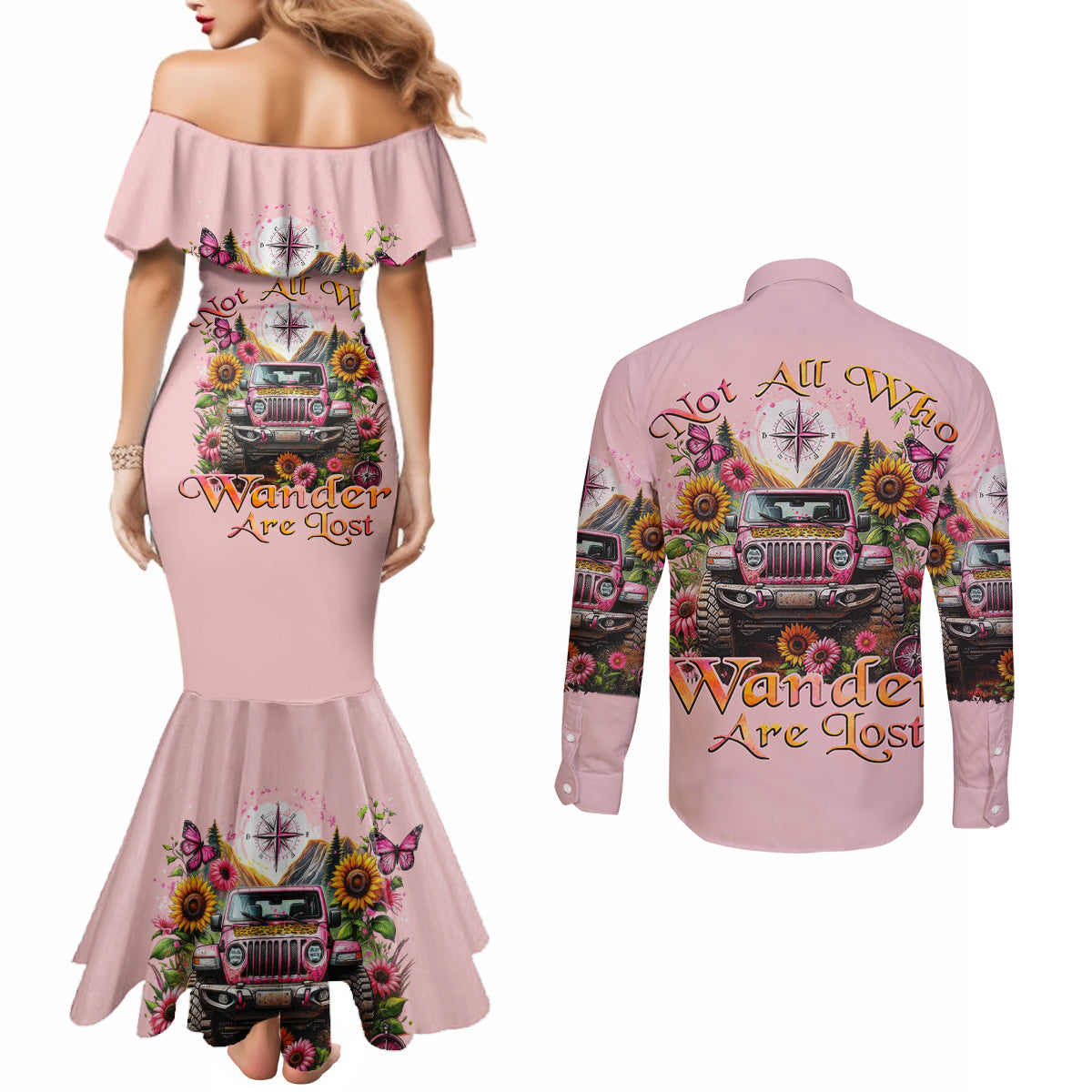 Flower Jeep Couples Matching Mermaid Dress and Long Sleeve Button Shirt Not All Who Wander Are Lost