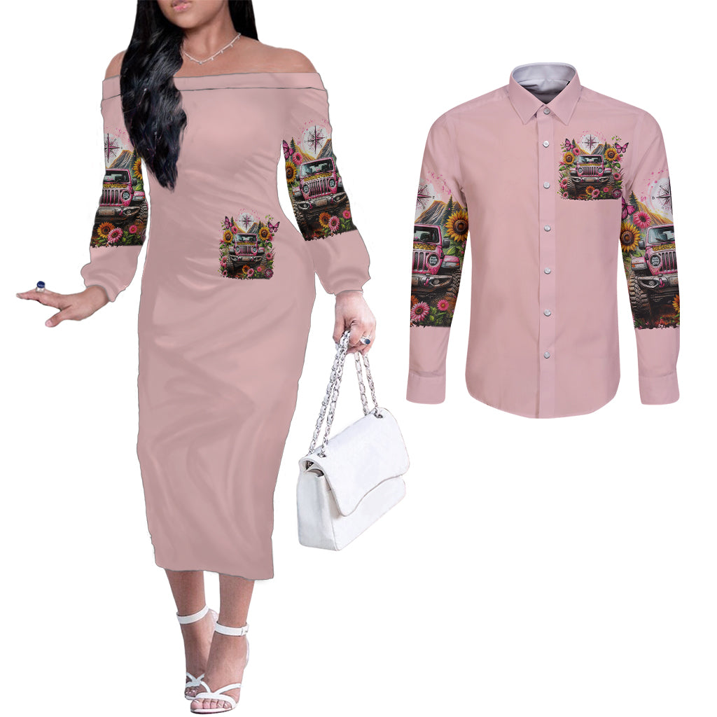 Flower Jeep Couples Matching Off The Shoulder Long Sleeve Dress and Long Sleeve Button Shirt Not All Who Wander Are Lost