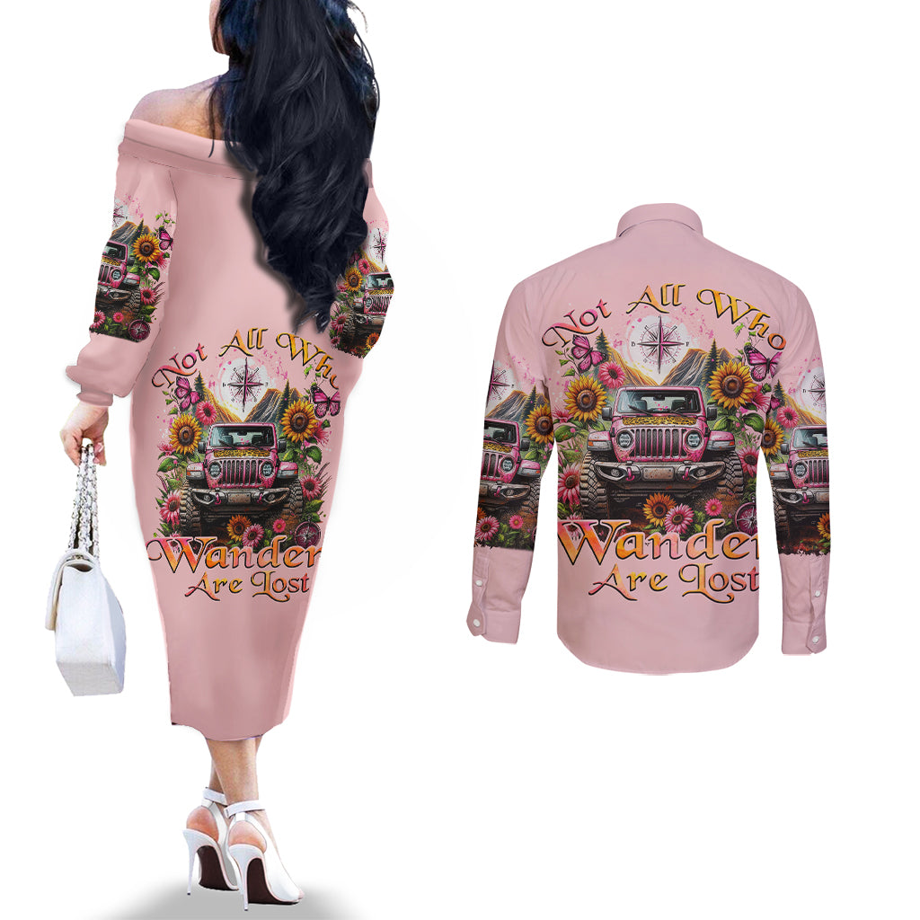 Flower Jeep Couples Matching Off The Shoulder Long Sleeve Dress and Long Sleeve Button Shirt Not All Who Wander Are Lost