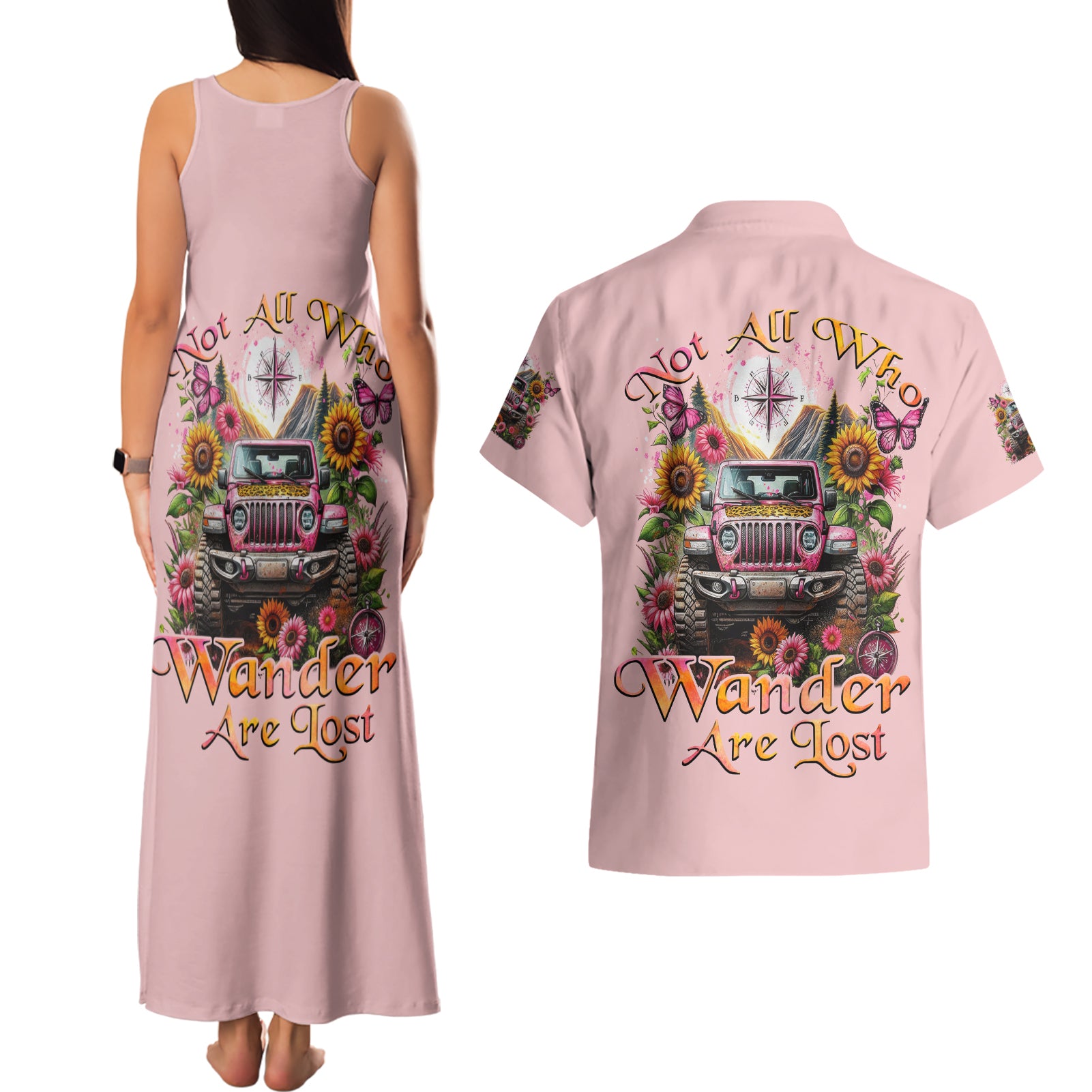 Flower Jeep Couples Matching Tank Maxi Dress and Hawaiian Shirt Not All Who Wander Are Lost