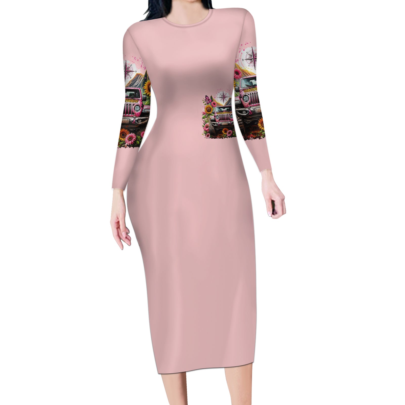 Flower Jeep Long Sleeve Bodycon Dress Not All Who Wander Are Lost