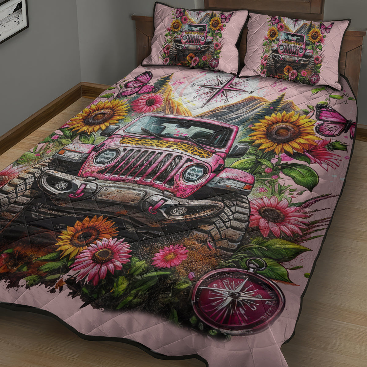 Flower Jeep Quilt Bed Set Not All Who Wander Are Lost