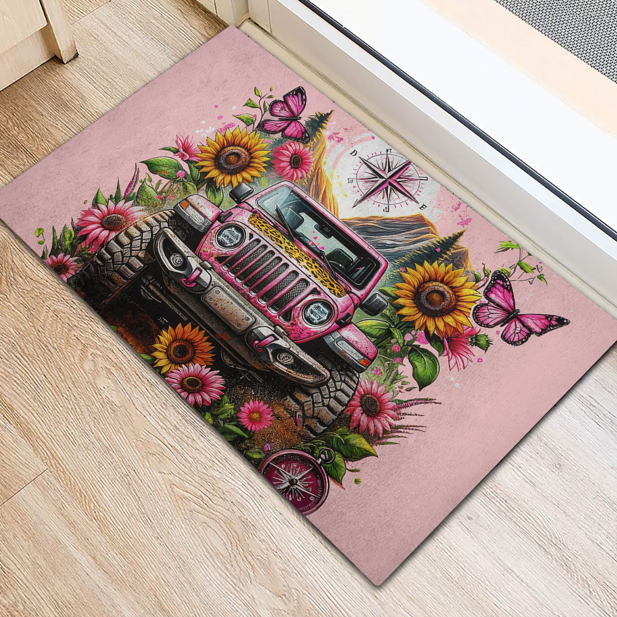 Flower Jeep Rubber Doormat Not All Who Wander Are Lost