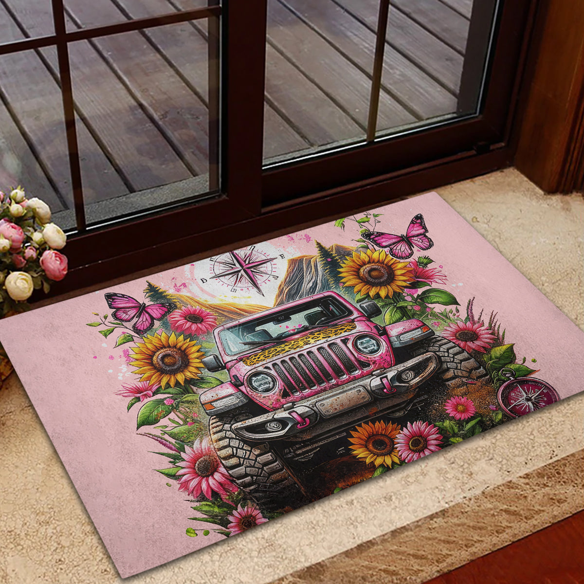 Flower Jeep Rubber Doormat Not All Who Wander Are Lost
