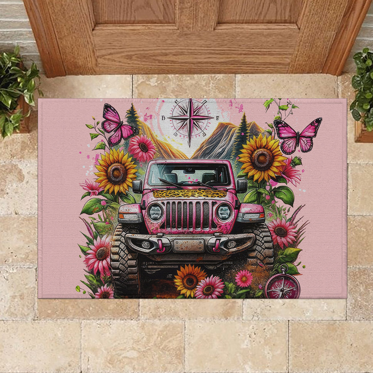 Flower Jeep Rubber Doormat Not All Who Wander Are Lost