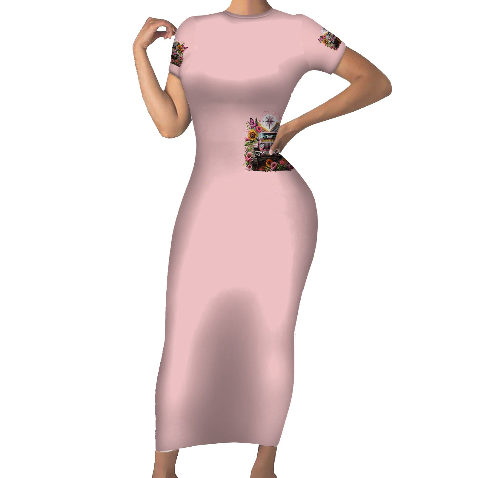 Flower Jeep Short Sleeve Bodycon Dress Not All Who Wander Are Lost