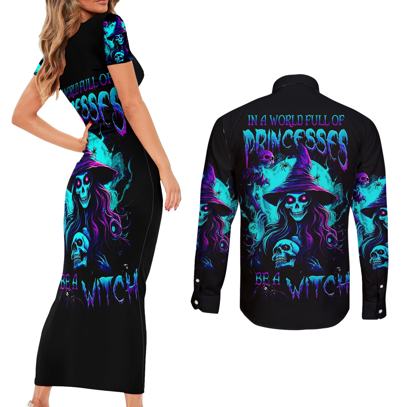 witch-skull-couples-matching-short-sleeve-bodycon-dress-and-long-sleeve-button-shirts-in-a-world-full-of-princess-be-a-witch