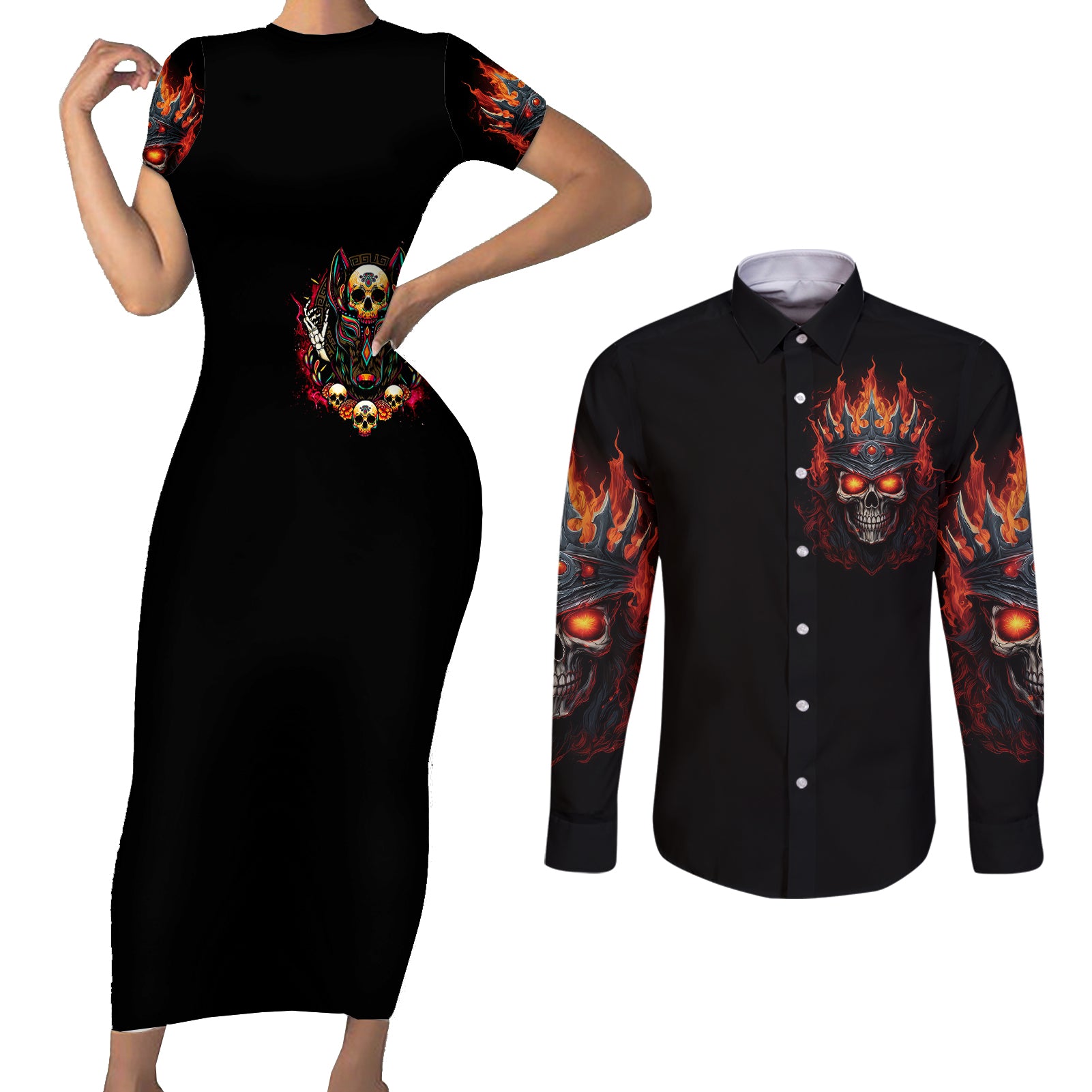 king-skull-couples-matching-short-sleeve-bodycon-dress-and-long-sleeve-button-shirts-dont-make-me-mad-then-tell-me-to-calm-down