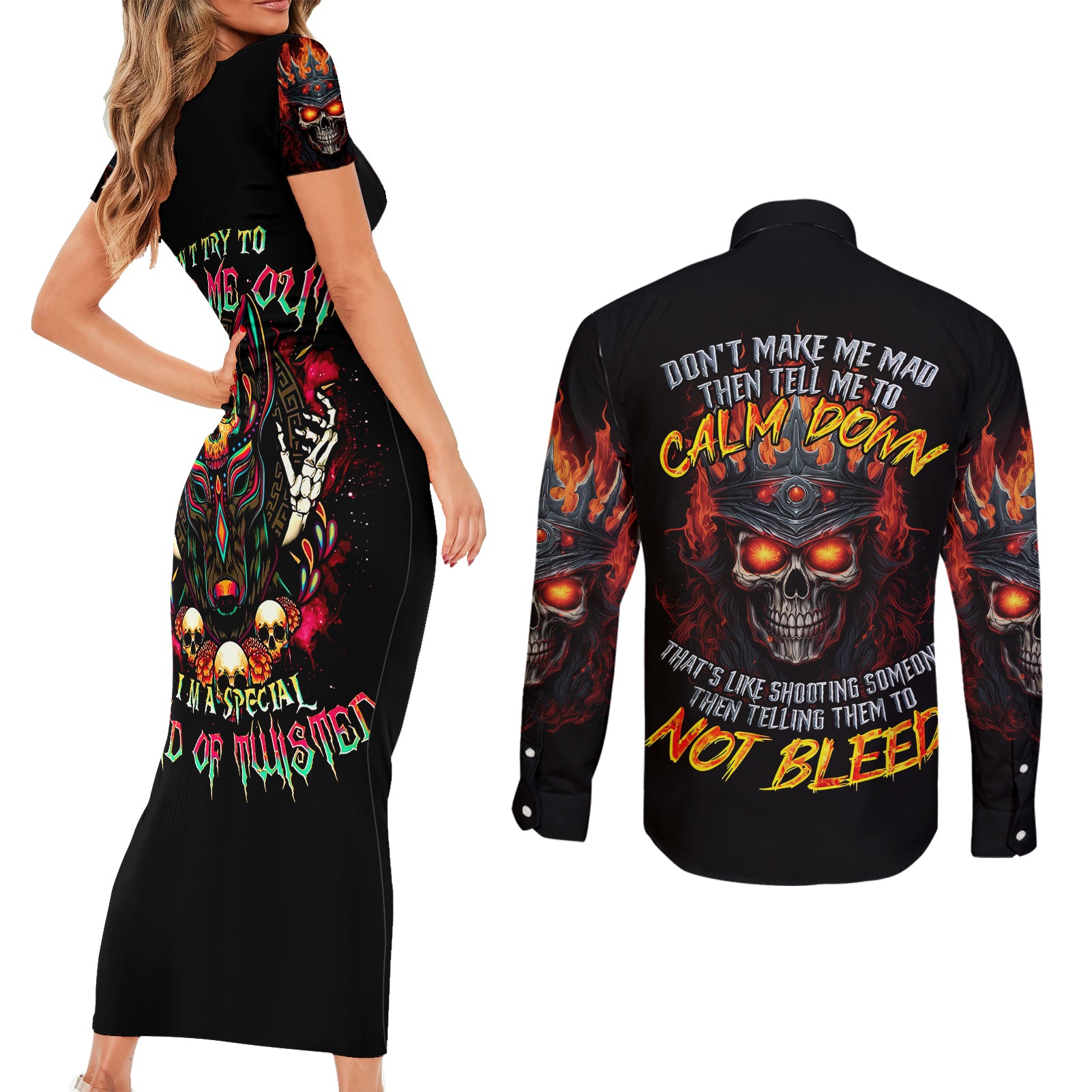 king-skull-couples-matching-short-sleeve-bodycon-dress-and-long-sleeve-button-shirts-dont-make-me-mad-then-tell-me-to-calm-down