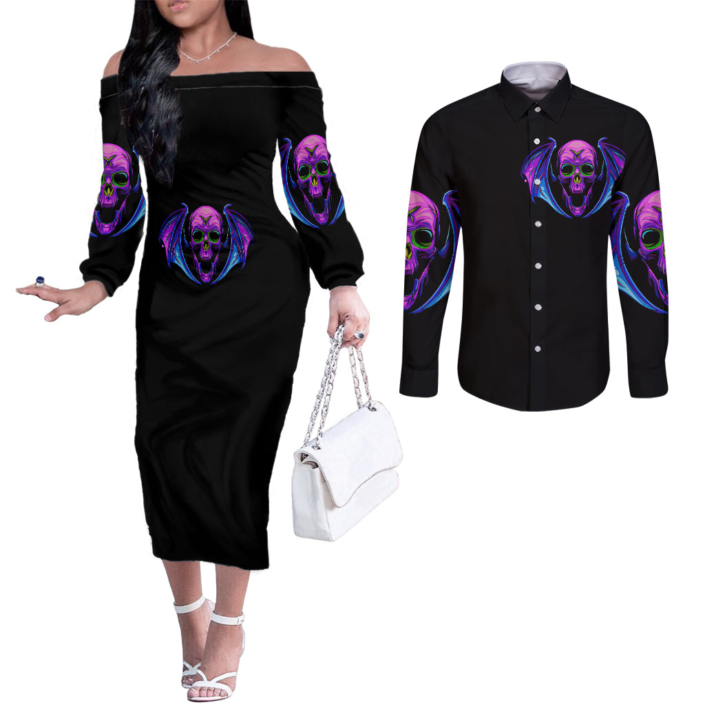 bat-skull-couples-matching-off-the-shoulder-long-sleeve-dress-and-long-sleeve-button-shirts-bat-skull-hello-darkness-my-old-friend