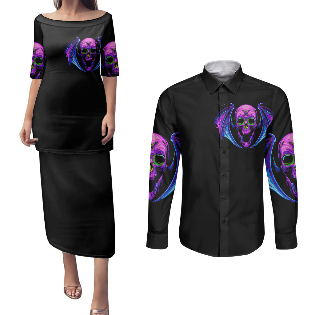 bat-skull-couples-matching-puletasi-dress-and-long-sleeve-button-shirts-bat-skull-hello-darkness-my-old-friend