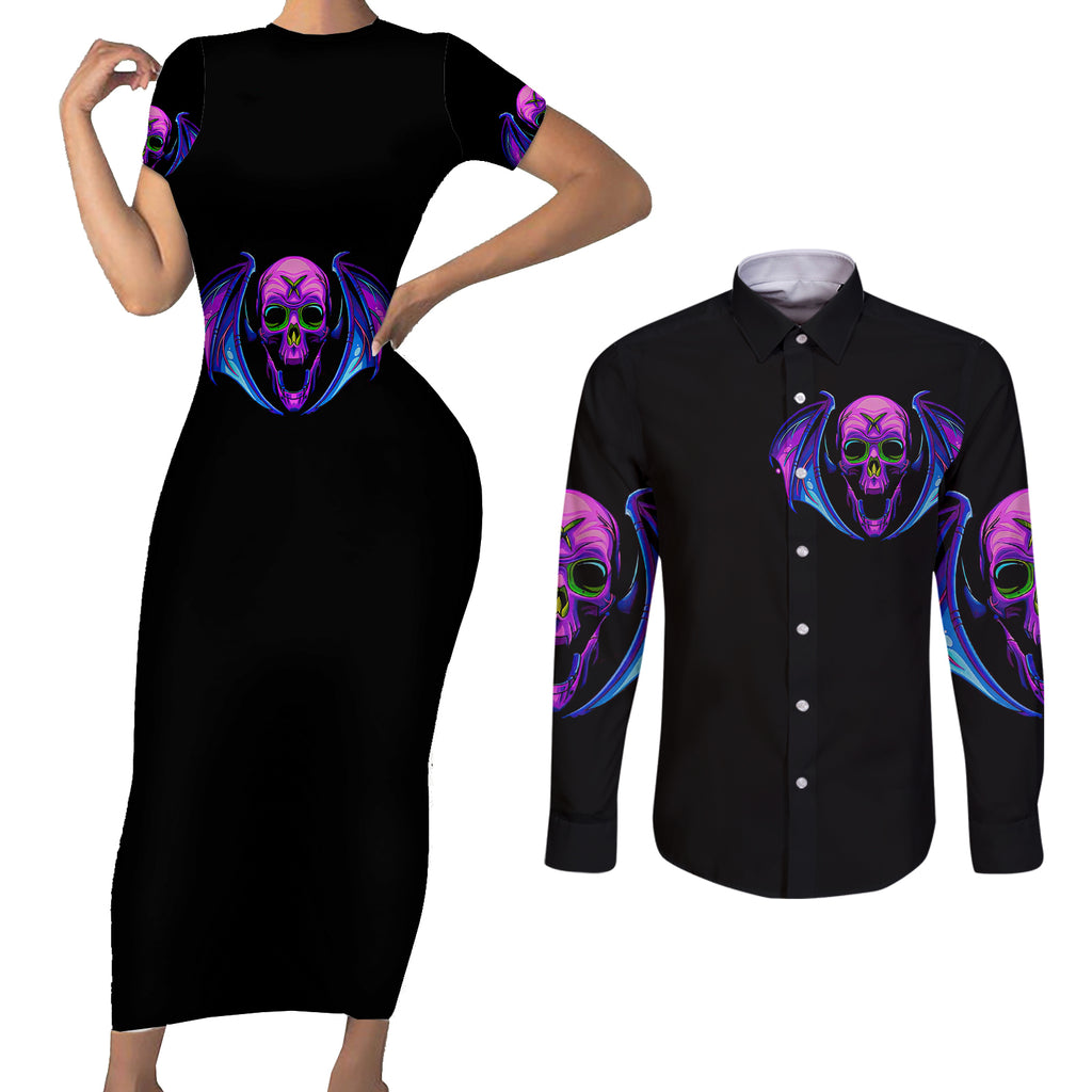 bat-skull-couples-matching-short-sleeve-bodycon-dress-and-long-sleeve-button-shirts-bat-skull-hello-darkness-my-old-friend