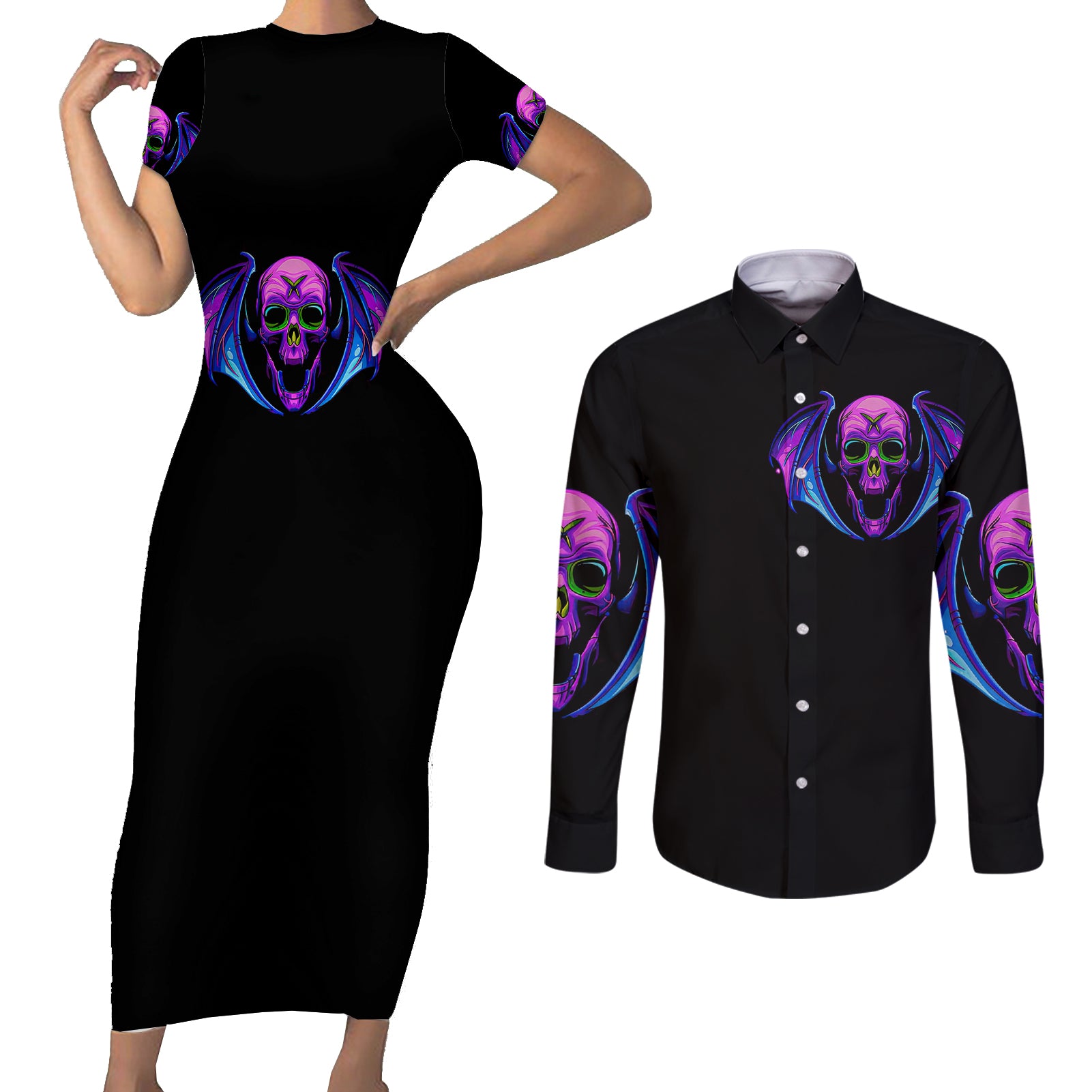 bat-skull-couples-matching-short-sleeve-bodycon-dress-and-long-sleeve-button-shirts-bat-skull-hello-darkness-my-old-friend