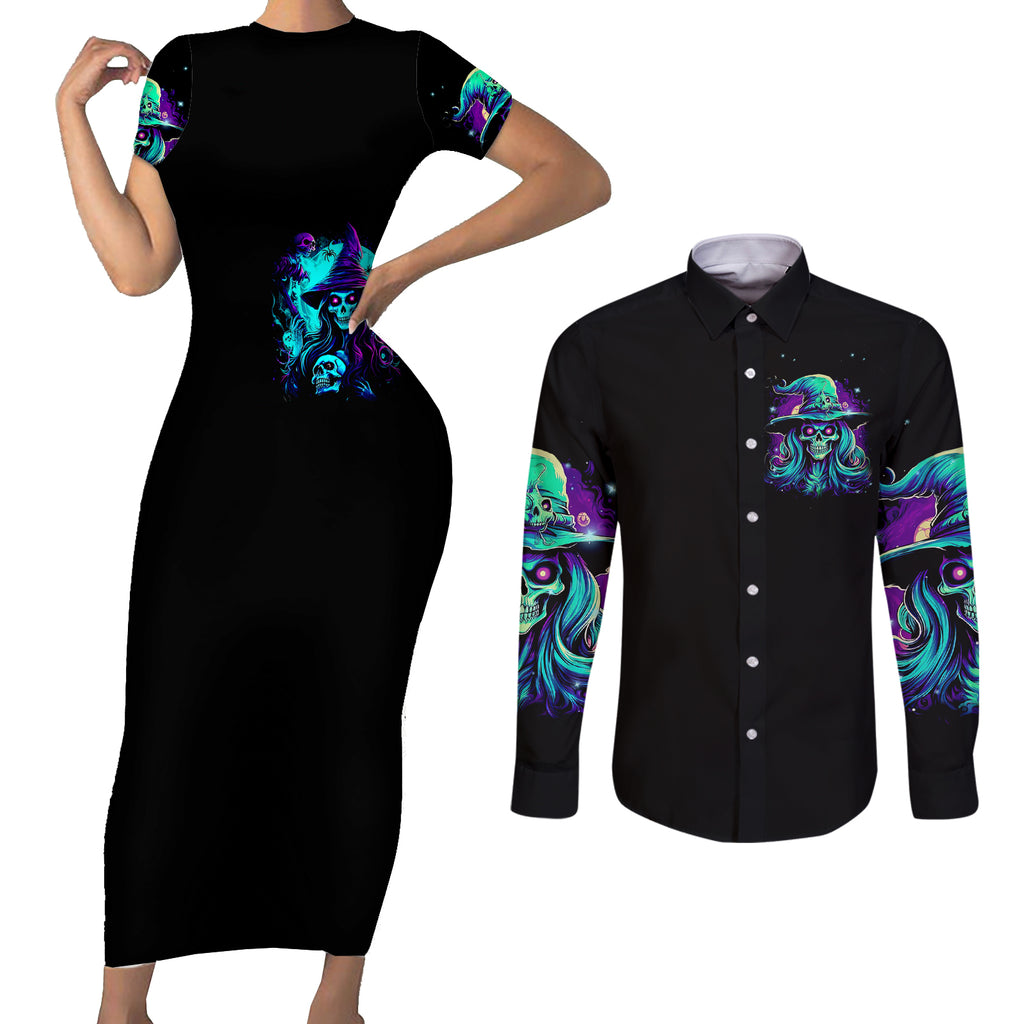 witch-skull-couples-matching-short-sleeve-bodycon-dress-and-long-sleeve-button-shirts-skull-witch-hello-darkness-my-old-friend