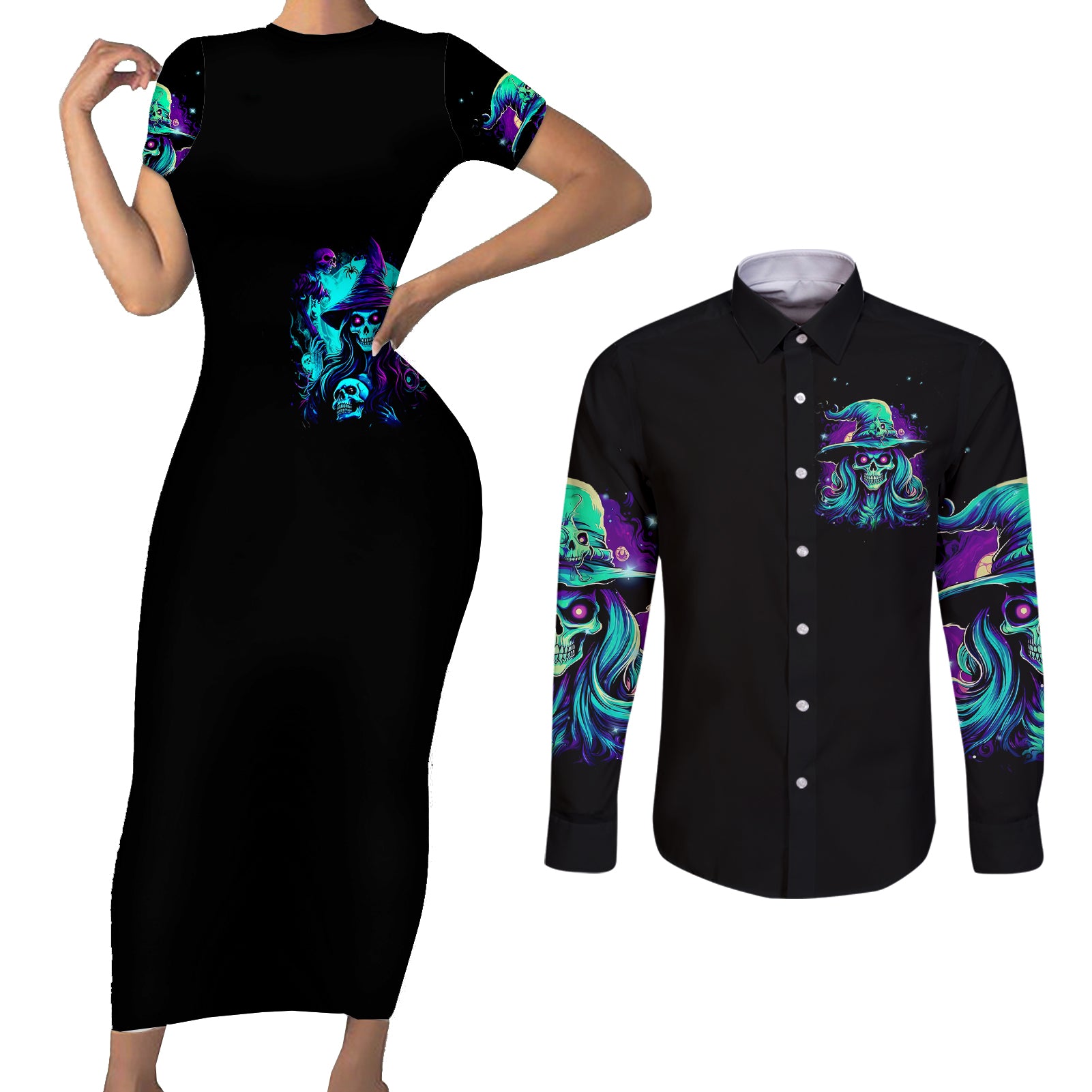 witch-skull-couples-matching-short-sleeve-bodycon-dress-and-long-sleeve-button-shirts-skull-witch-hello-darkness-my-old-friend