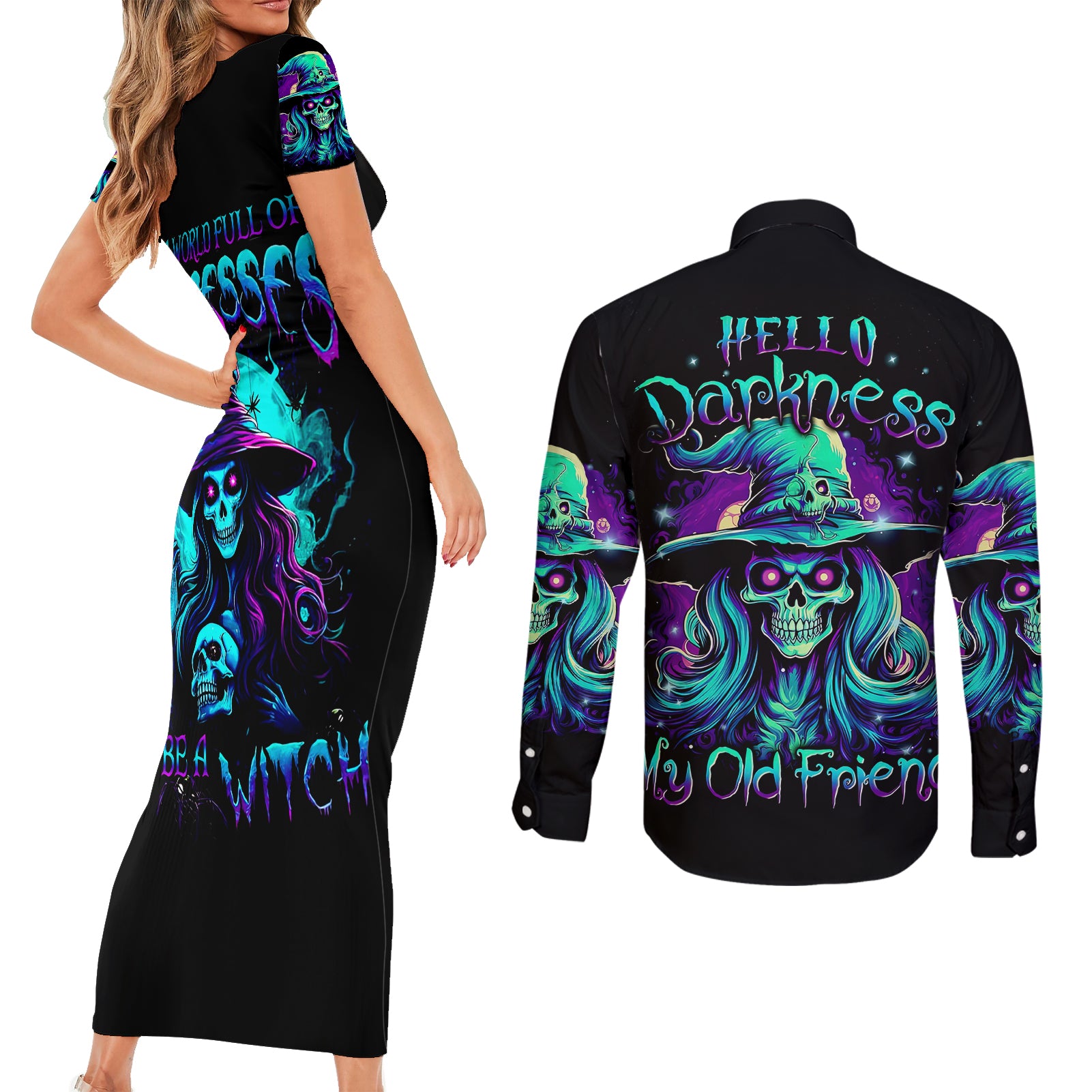 witch-skull-couples-matching-short-sleeve-bodycon-dress-and-long-sleeve-button-shirts-skull-witch-hello-darkness-my-old-friend