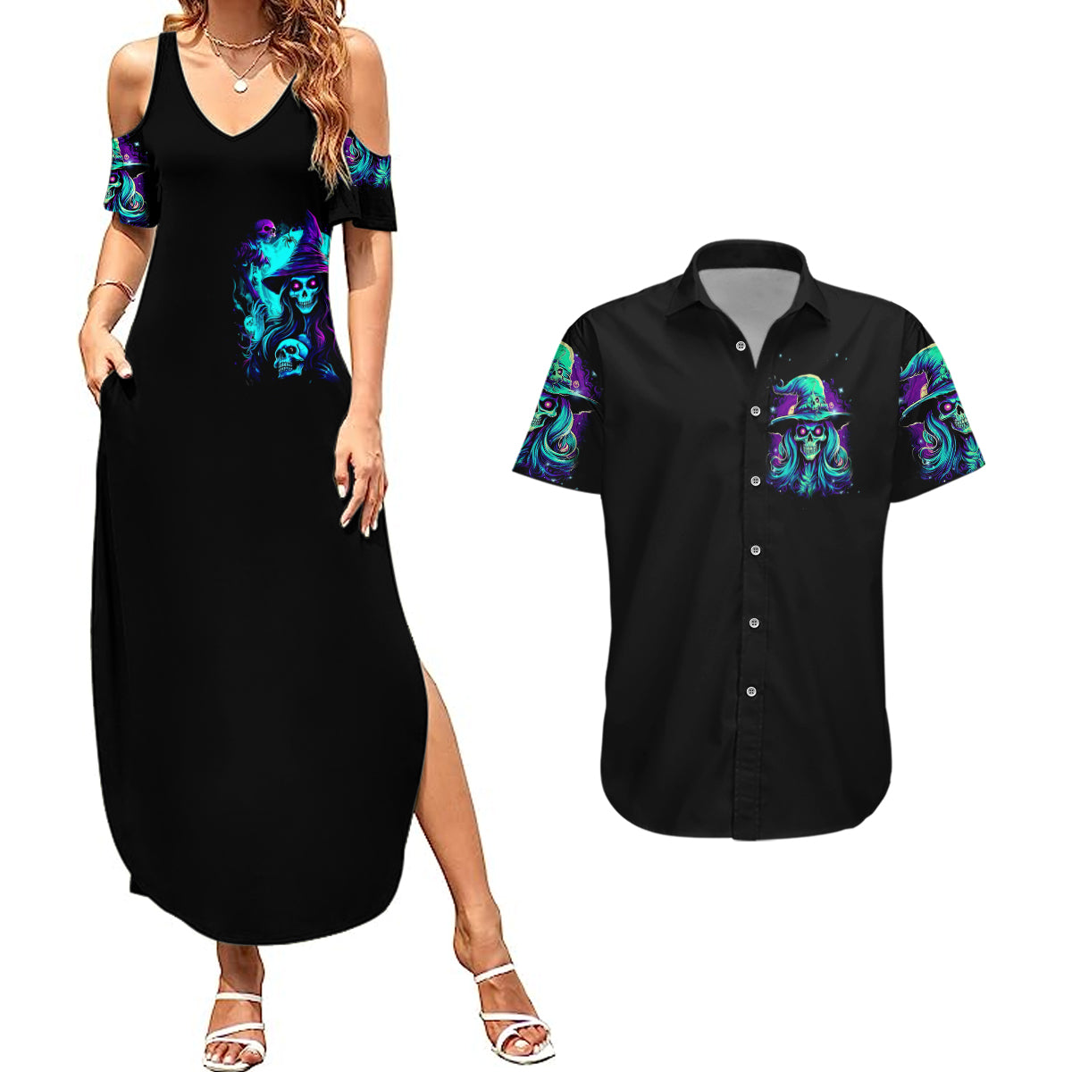 witch-skull-couples-matching-summer-maxi-dress-and-hawaiian-shirt-skull-witch-hello-darkness-my-old-friend