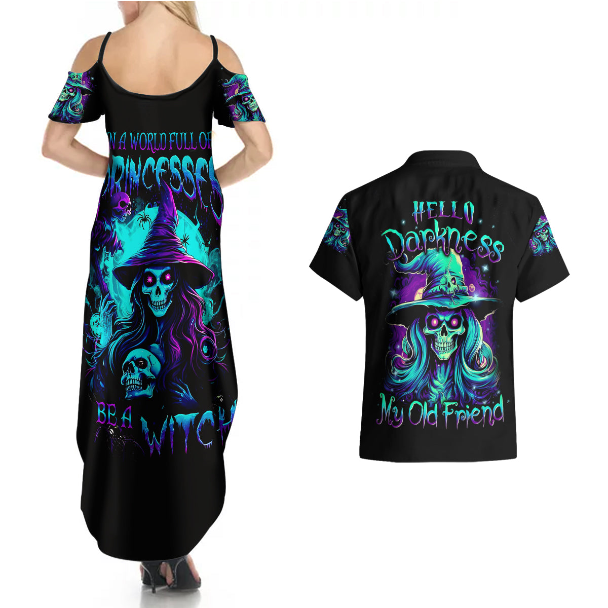 witch-skull-couples-matching-summer-maxi-dress-and-hawaiian-shirt-skull-witch-hello-darkness-my-old-friend