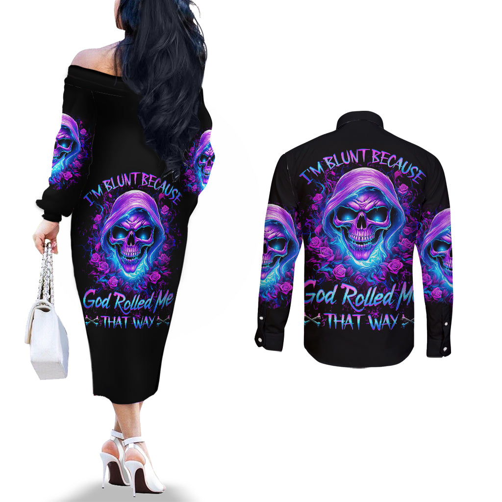 rose-skull-couples-matching-off-the-shoulder-long-sleeve-dress-and-long-sleeve-button-shirts-im-blunt-because-god-rolled-me-that-way