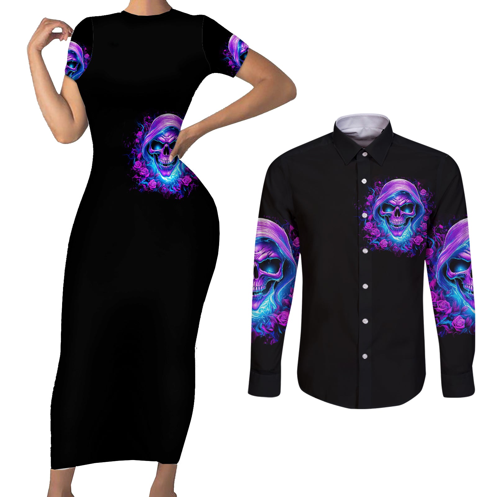 rose-skull-couples-matching-short-sleeve-bodycon-dress-and-long-sleeve-button-shirts-im-blunt-because-god-rolled-me-that-way