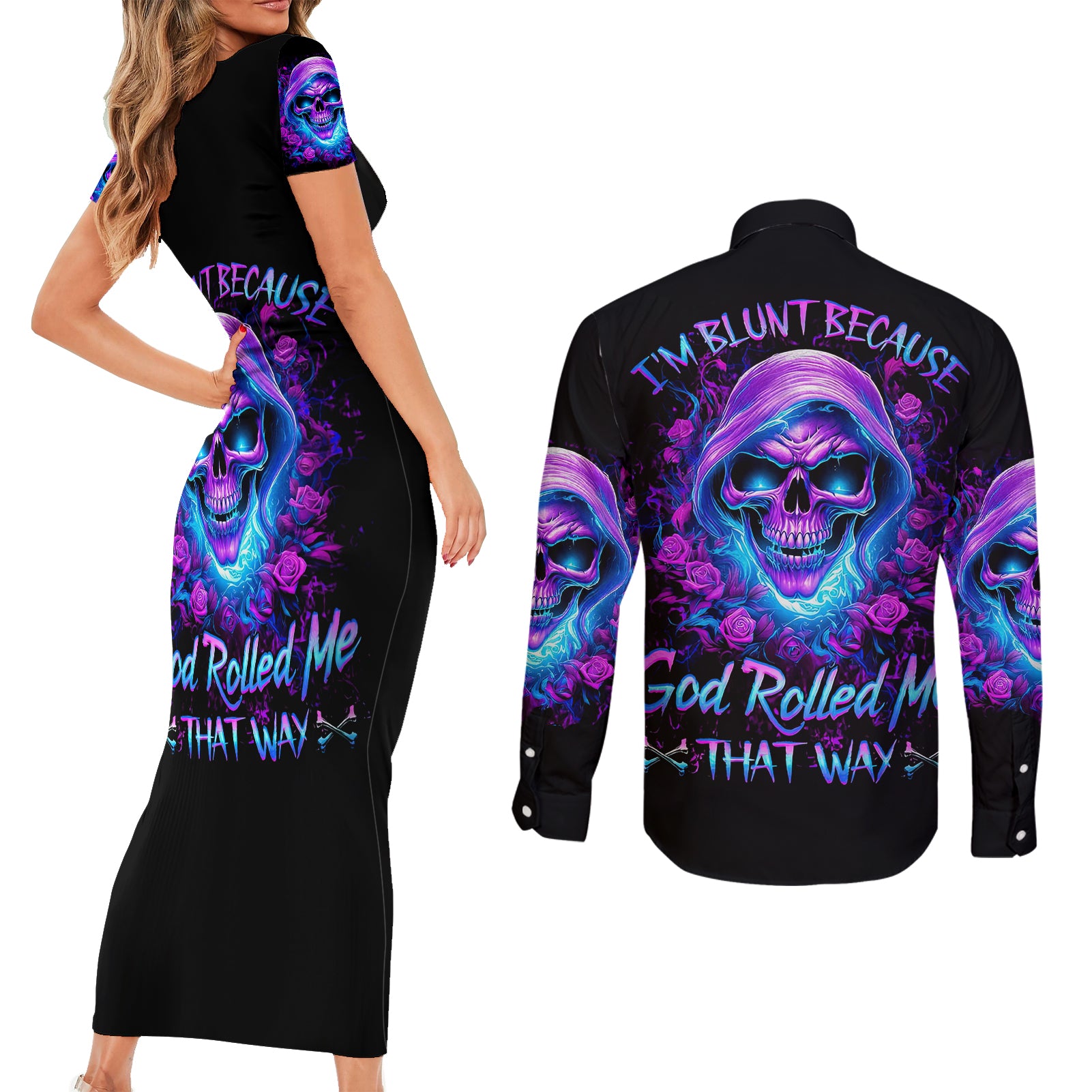 rose-skull-couples-matching-short-sleeve-bodycon-dress-and-long-sleeve-button-shirts-im-blunt-because-god-rolled-me-that-way