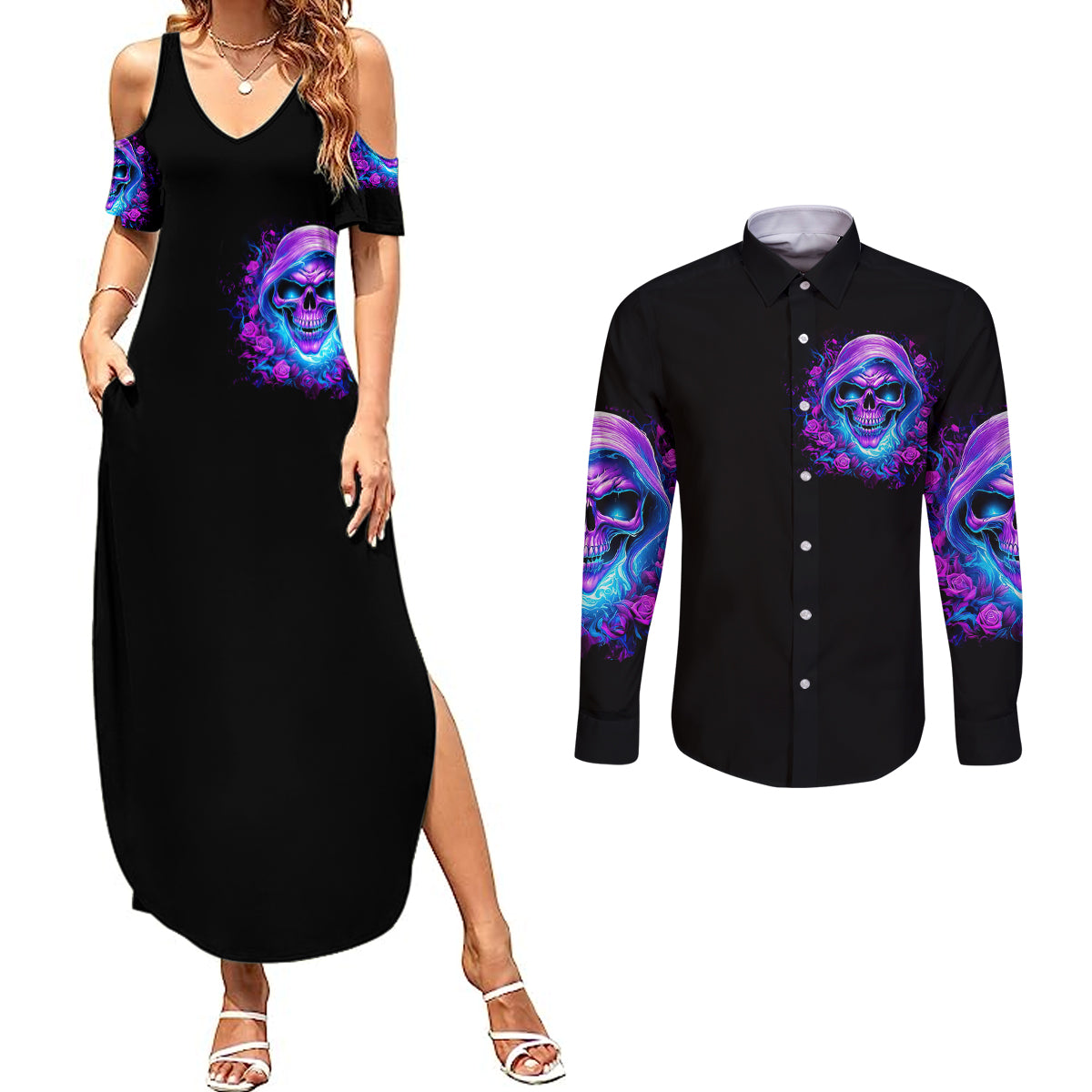 rose-skull-couples-matching-summer-maxi-dress-and-long-sleeve-button-shirts-im-blunt-because-god-rolled-me-that-way