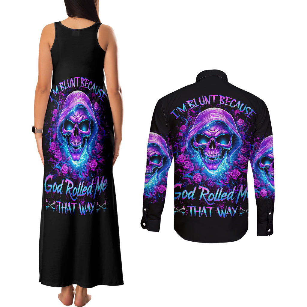 rose-skull-couples-matching-tank-maxi-dress-and-long-sleeve-button-shirts-im-blunt-because-god-rolled-me-that-way