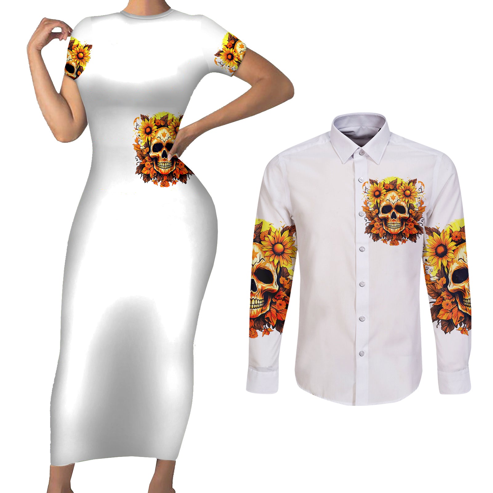 sunflower-skull-couples-matching-short-sleeve-bodycon-dress-and-long-sleeve-button-shirts-sunflower-im-blunt-because-god-rolled-me-that-way