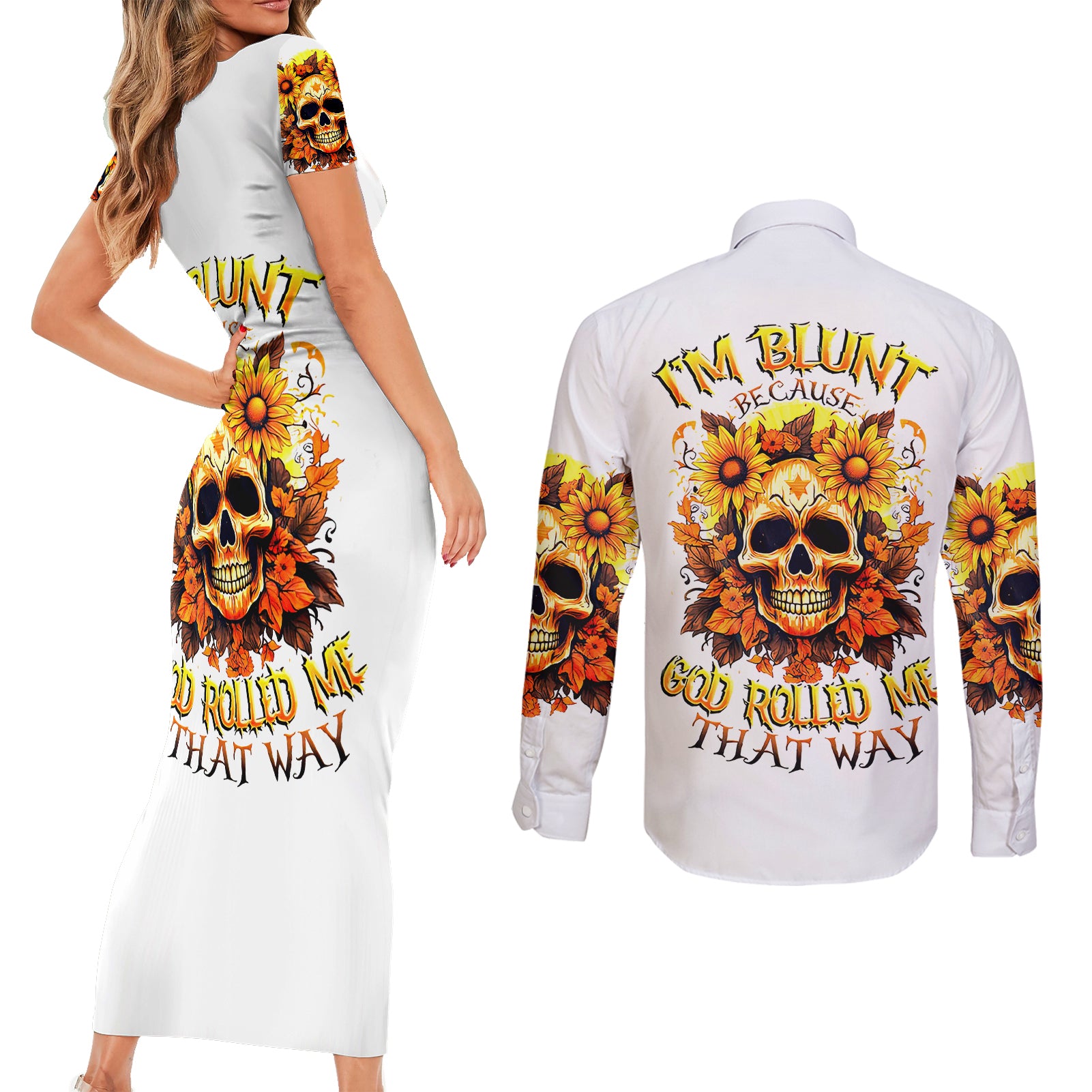 sunflower-skull-couples-matching-short-sleeve-bodycon-dress-and-long-sleeve-button-shirts-sunflower-im-blunt-because-god-rolled-me-that-way