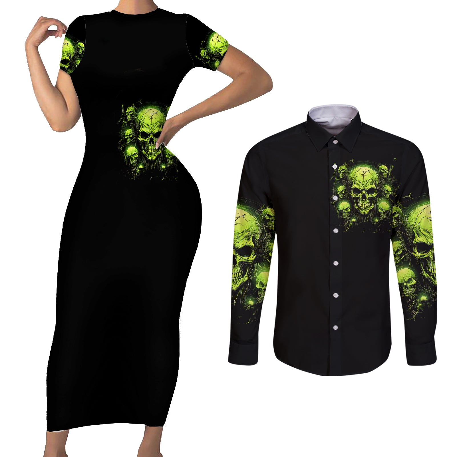 thunder-skull-couples-matching-short-sleeve-bodycon-dress-and-long-sleeve-button-shirts-thunder-skull-i-never-alone-my-demon-with-me-247