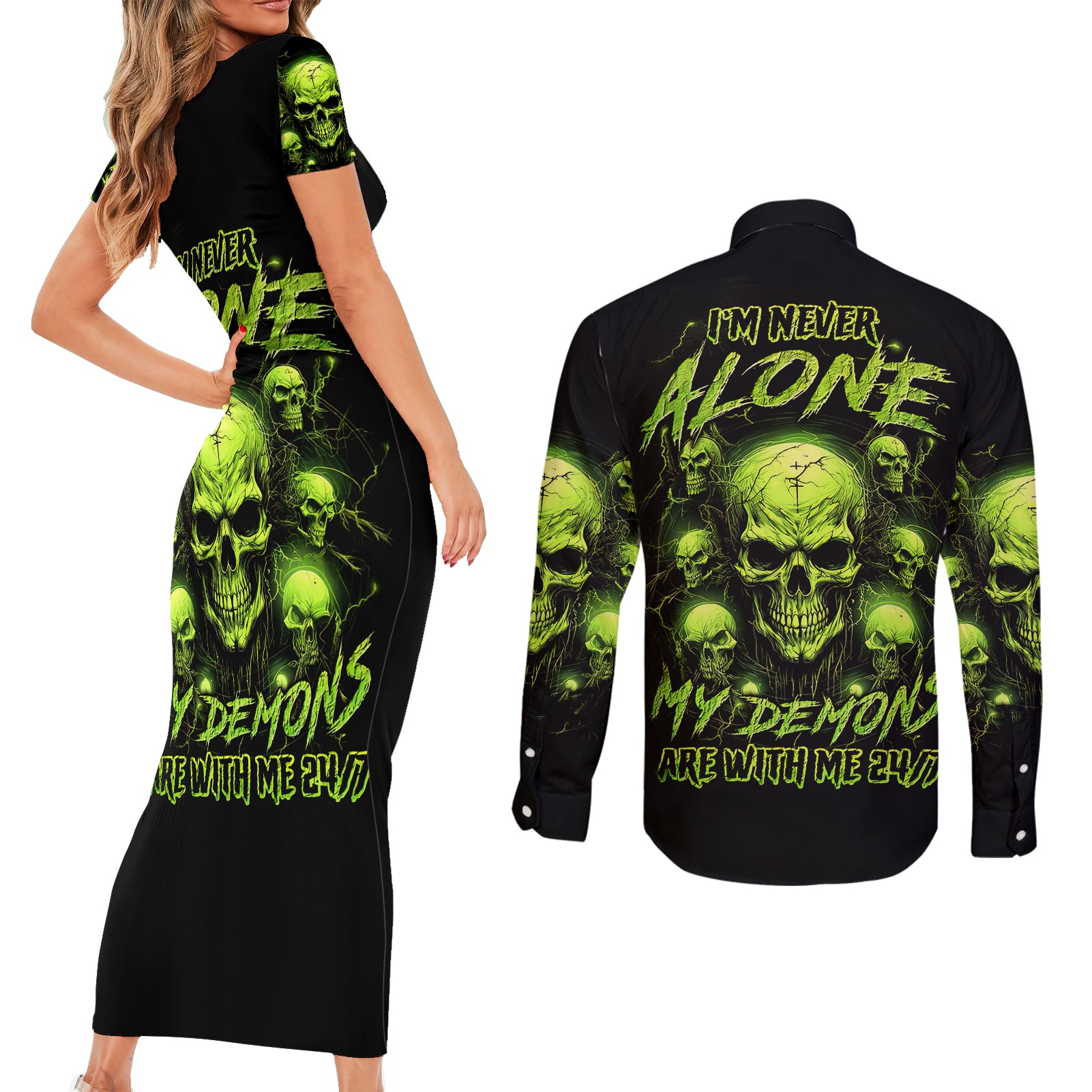 thunder-skull-couples-matching-short-sleeve-bodycon-dress-and-long-sleeve-button-shirts-thunder-skull-i-never-alone-my-demon-with-me-247
