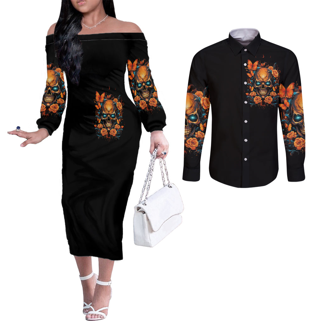 flower-skull-couples-matching-off-the-shoulder-long-sleeve-dress-and-long-sleeve-button-shirts-litte-bit-of-heaven-with-a-wild-side