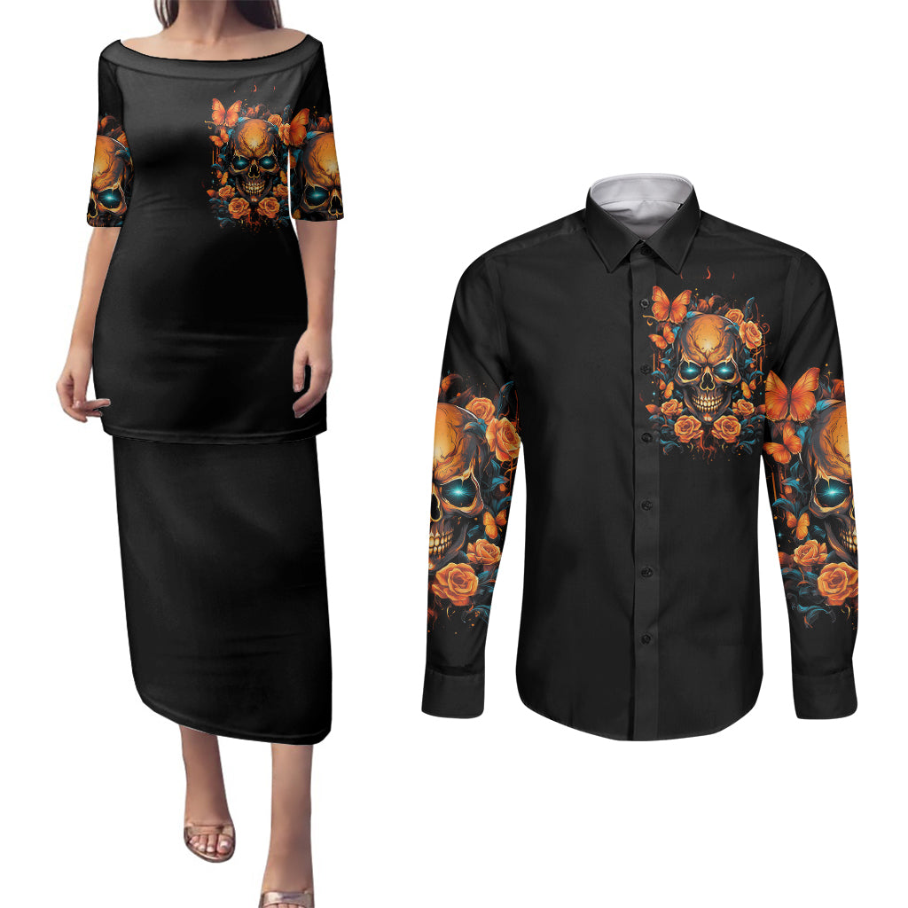 flower-skull-couples-matching-puletasi-dress-and-long-sleeve-button-shirts-litte-bit-of-heaven-with-a-wild-side