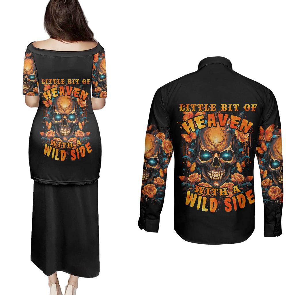 flower-skull-couples-matching-puletasi-dress-and-long-sleeve-button-shirts-litte-bit-of-heaven-with-a-wild-side