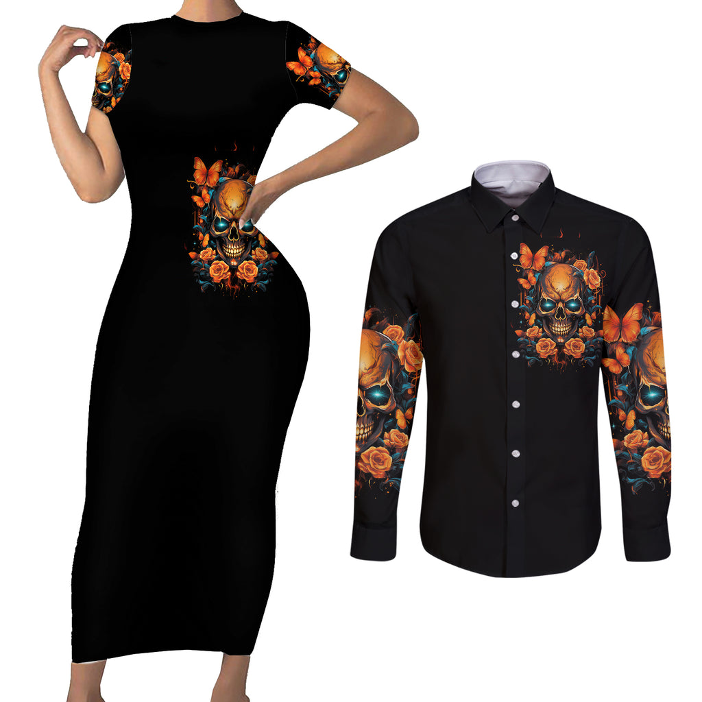flower-skull-couples-matching-short-sleeve-bodycon-dress-and-long-sleeve-button-shirts-litte-bit-of-heaven-with-a-wild-side