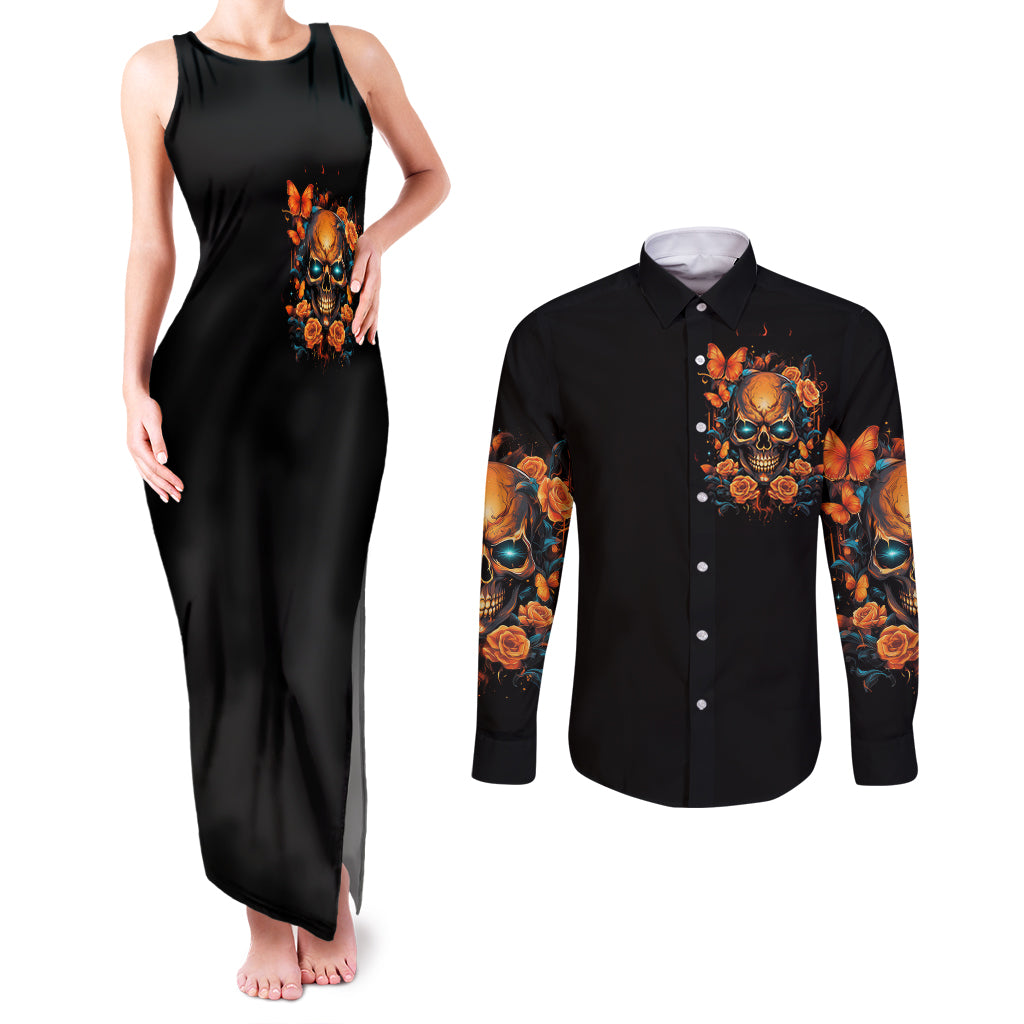 flower-skull-couples-matching-tank-maxi-dress-and-long-sleeve-button-shirts-litte-bit-of-heaven-with-a-wild-side