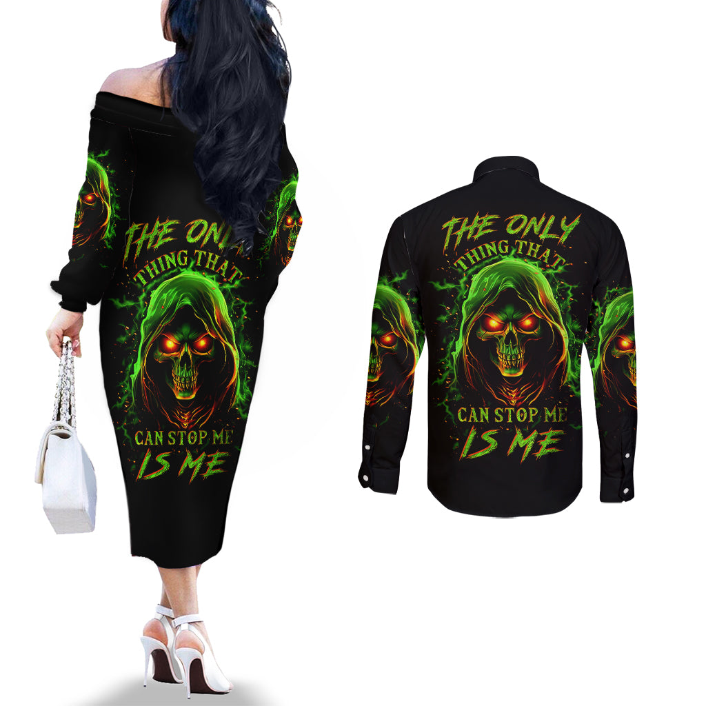 fire-death-skull-couples-matching-off-the-shoulder-long-sleeve-dress-and-long-sleeve-button-shirts-the-only-thing-that-can-stop-is-me