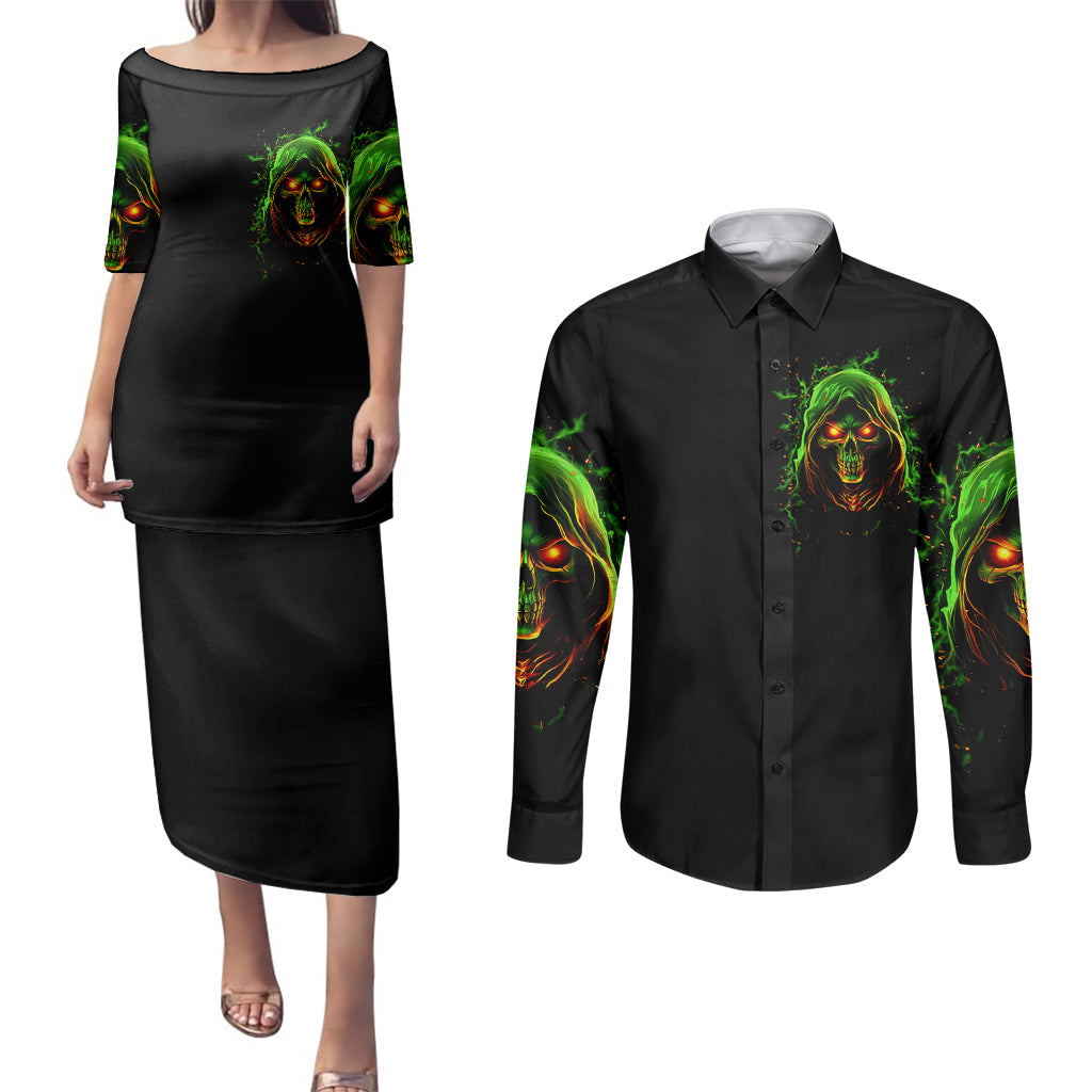 fire-death-skull-couples-matching-puletasi-dress-and-long-sleeve-button-shirts-the-only-thing-that-can-stop-is-me