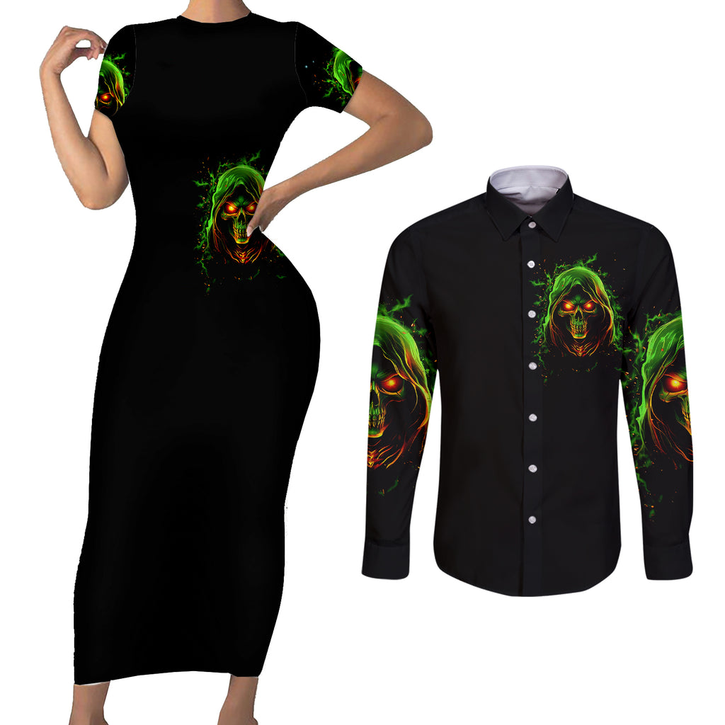fire-death-skull-couples-matching-short-sleeve-bodycon-dress-and-long-sleeve-button-shirts-the-only-thing-that-can-stop-is-me