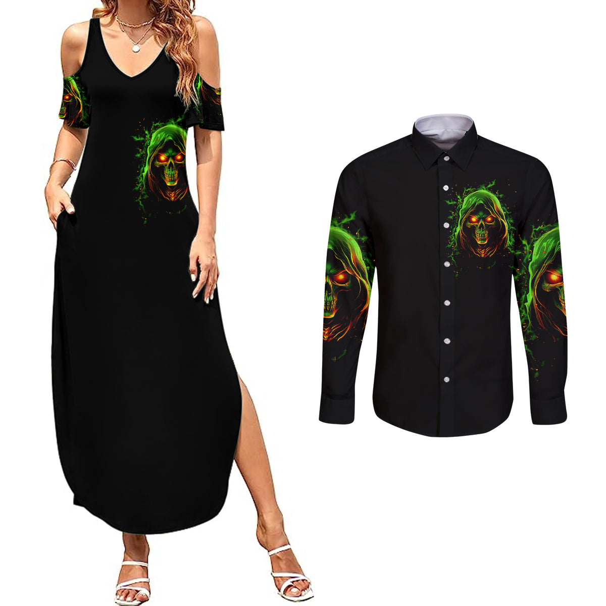 fire-death-skull-couples-matching-summer-maxi-dress-and-long-sleeve-button-shirts-the-only-thing-that-can-stop-is-me