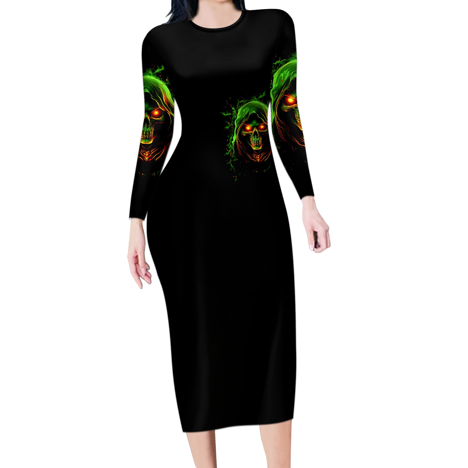 fire-death-skull-long-sleeve-bodycon-dress-the-only-thing-that-can-stop-is-me