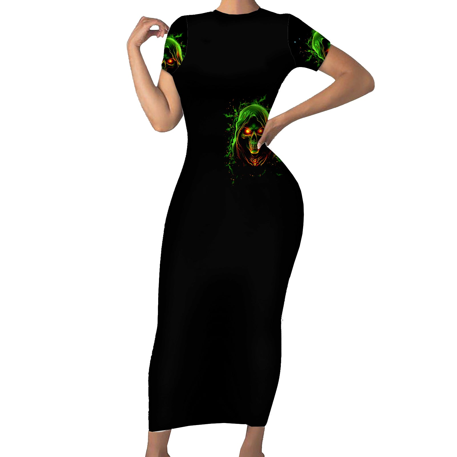 fire-death-skull-short-sleeve-bodycon-dress-the-only-thing-that-can-stop-is-me