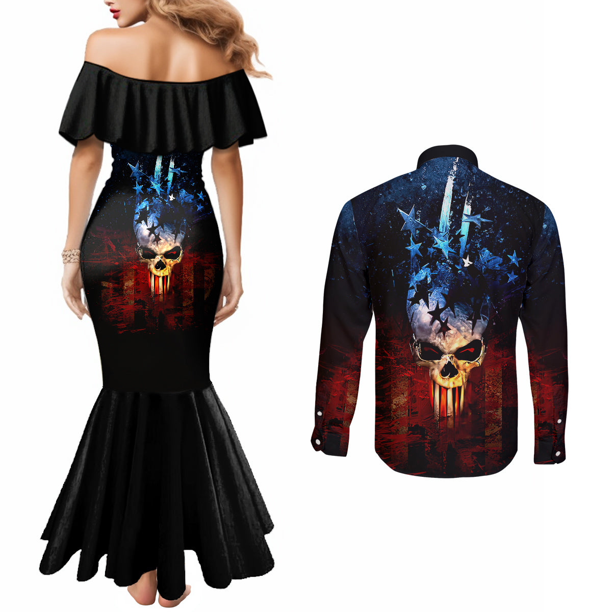 vintage-skull-couples-matching-mermaid-dress-and-long-sleeve-button-shirts-american-skull-vintage