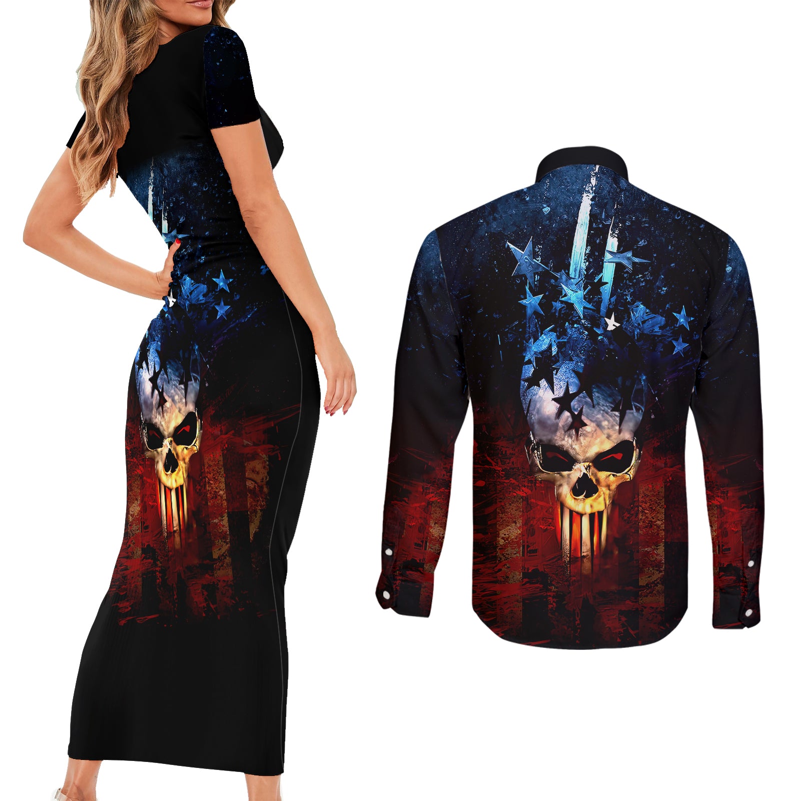 vintage-skull-couples-matching-short-sleeve-bodycon-dress-and-long-sleeve-button-shirts-american-skull-vintage