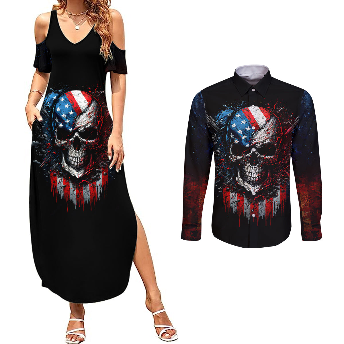 vintage-skull-couples-matching-summer-maxi-dress-and-long-sleeve-button-shirts-american-skull-vintage