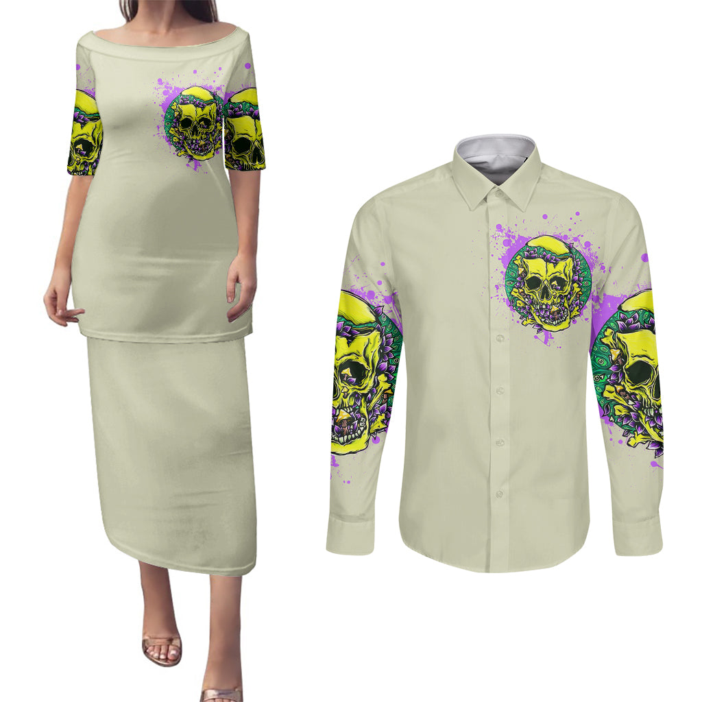 flower-skull-couples-matching-puletasi-dress-and-long-sleeve-button-shirts-iam-who-iam-your-approval-isnt-need