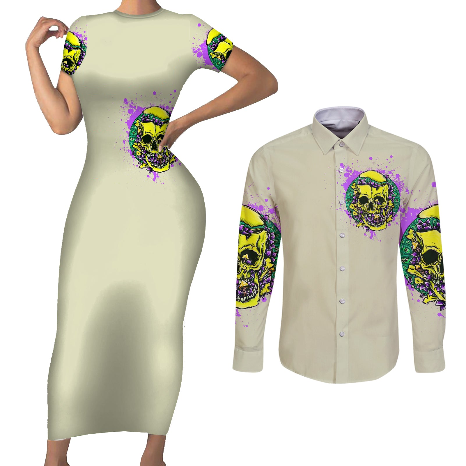 flower-skull-couples-matching-short-sleeve-bodycon-dress-and-long-sleeve-button-shirts-iam-who-iam-your-approval-isnt-need