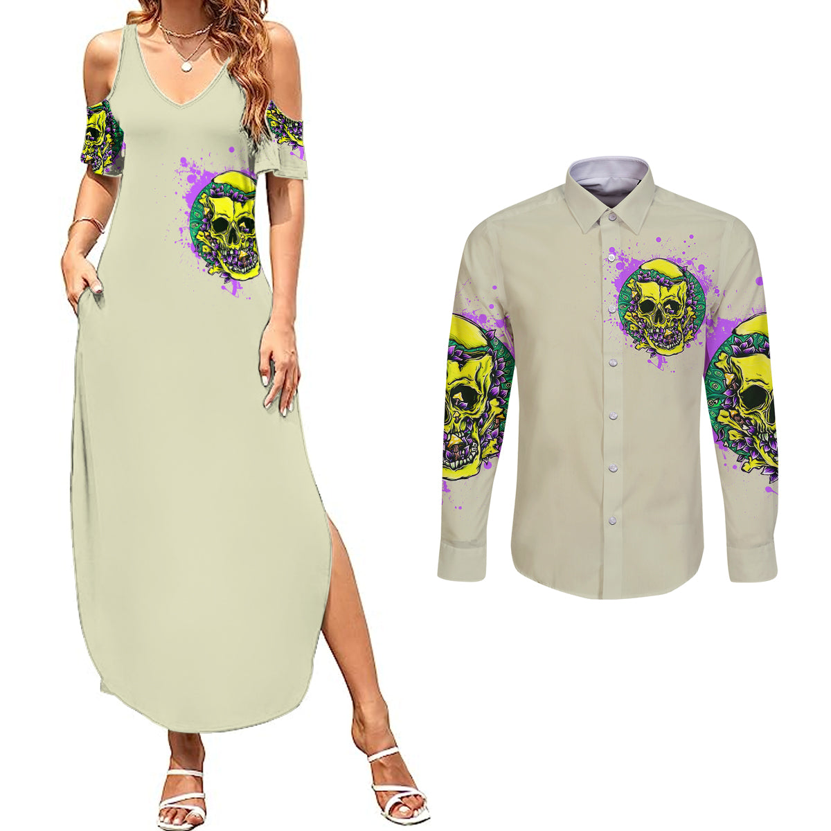 flower-skull-couples-matching-summer-maxi-dress-and-long-sleeve-button-shirts-iam-who-iam-your-approval-isnt-need